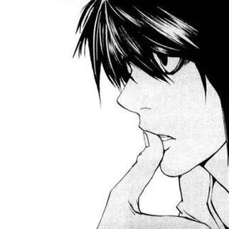 A side view of L from Deathnote, thumb on his lips in his thinking position.